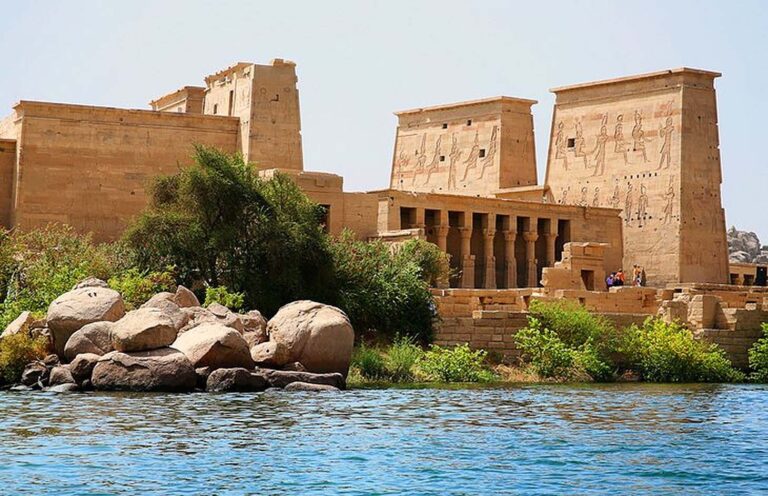 philae temple aswan, view from the river nile to philae temple of goddess isis aswan