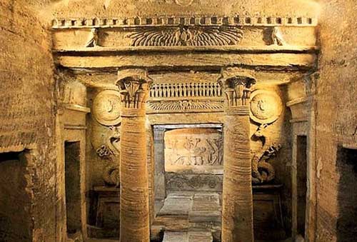 View of the wall carvings inside the catacombs of Alexandria