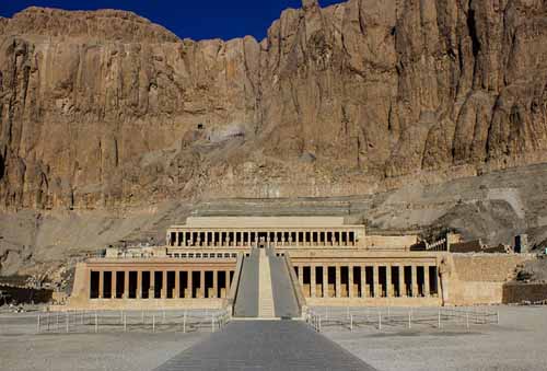 Magnificent view of the Mortuary Temple of Hatshepsut against the backdrop of the Theban cliffs