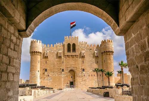 Scenic view from one of the fort's tunnels of the historic Qaitbay Fort overlooking the Mediterranean Sea