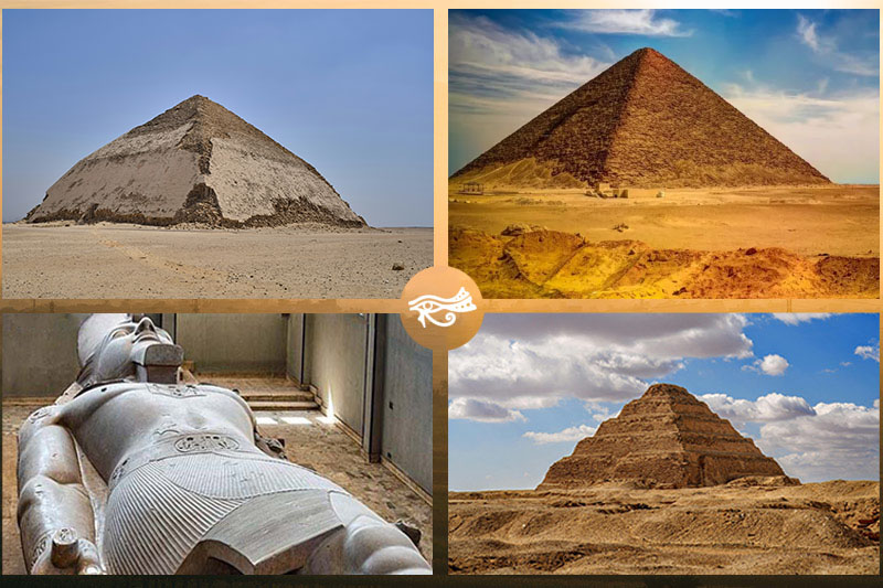 Collage of images featuring Saqqara, the Step Pyramid, the Bent Pyramid, the Red Pyramid at Dahshur, and the Memphis Open Air Museum