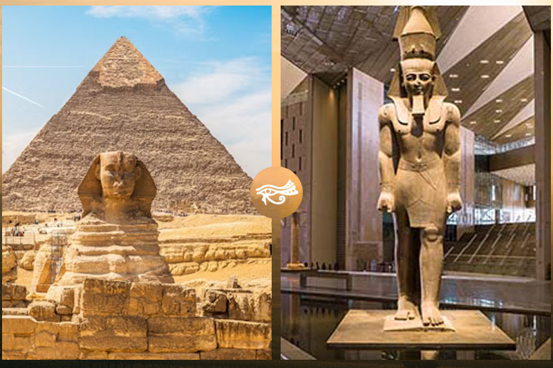 View for the Pyramids of Giza and the Sphinx and the colossi of Ramses II from inside the Grand Egyptian Museum