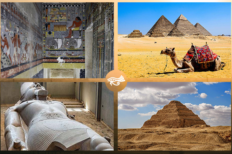 Collage of images featuring the Pyramids of Giza, Saqqara, and Memphis.